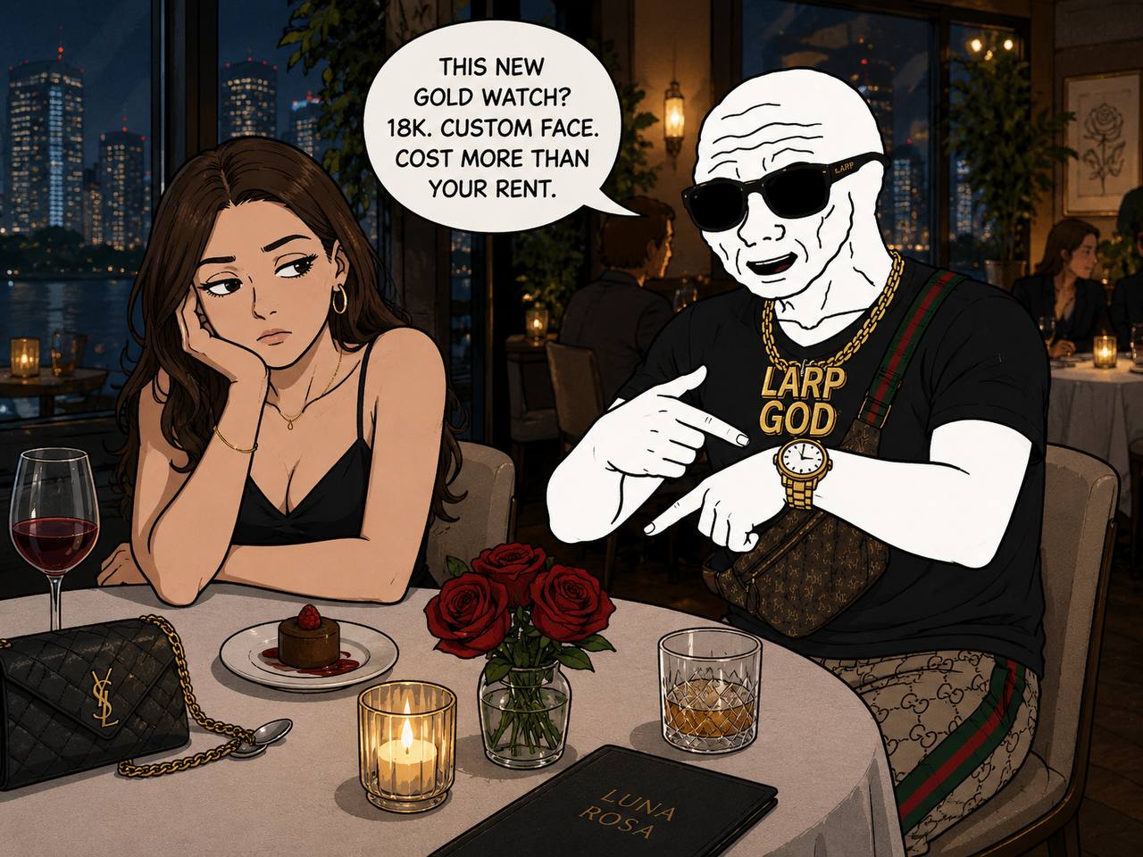 LARPGOD showing a gold watch at dinner.